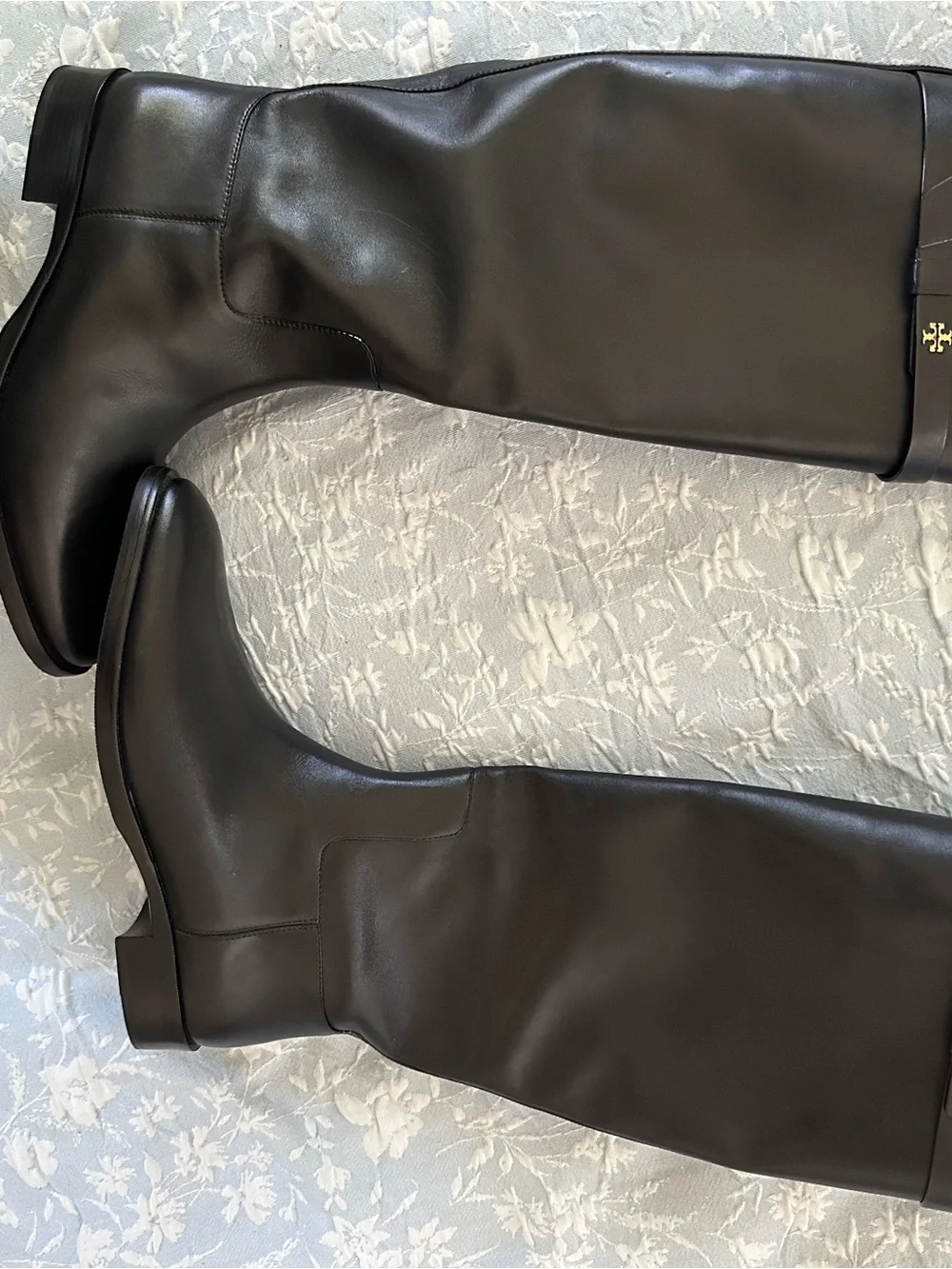 Tory Burch Black Tall Leather Riding Boots with Logo Strap
